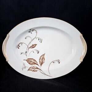 Noritake China Selby Serving Platter Japan 13.5" Gold Trim Handles Leaf Design